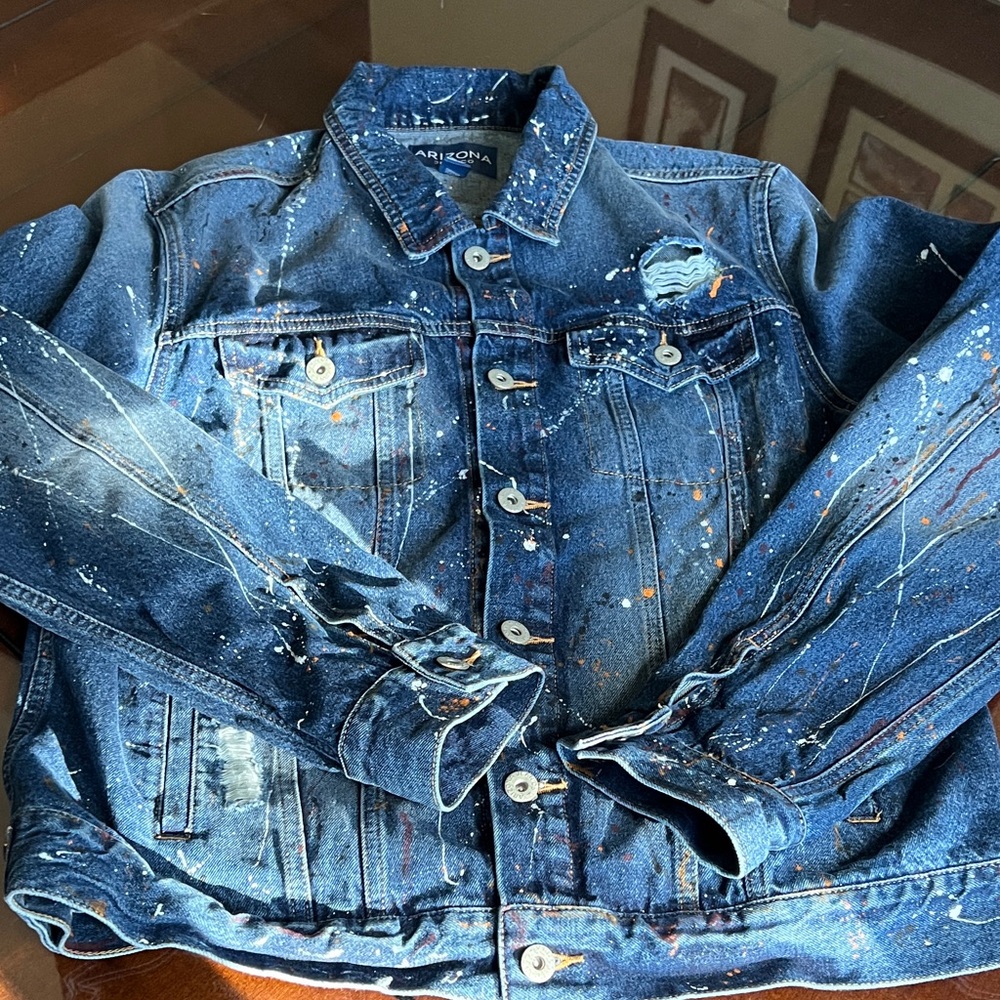 Arizona Jean Company Men's Blue Paint-Splatter Denim Jacket